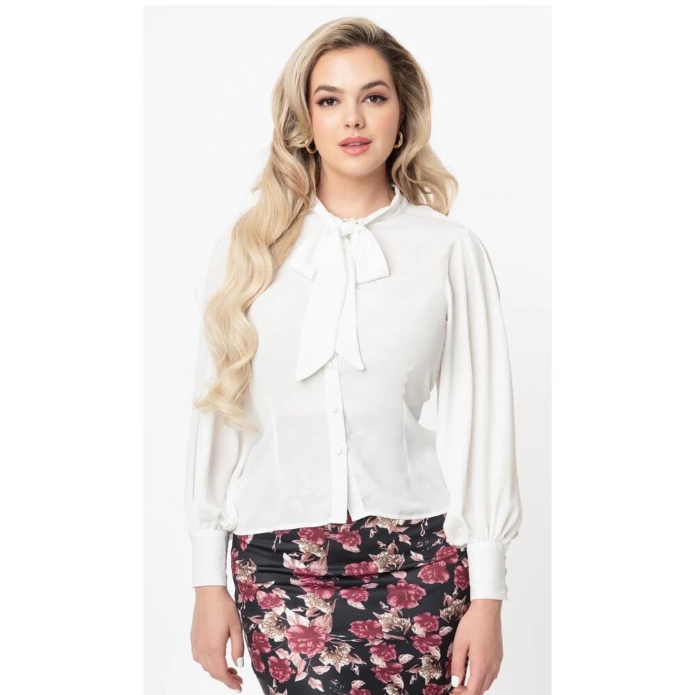 Unique Vintage White Neck Tie Gwen Blouse M NWT - Picture 5 of 6
